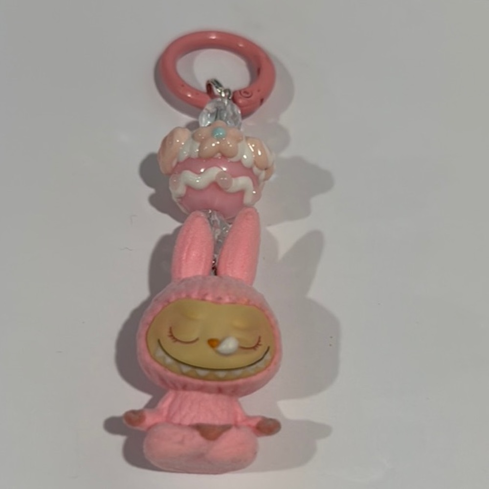 Pink Labubu Yoga Keychain with Cupcake Charm